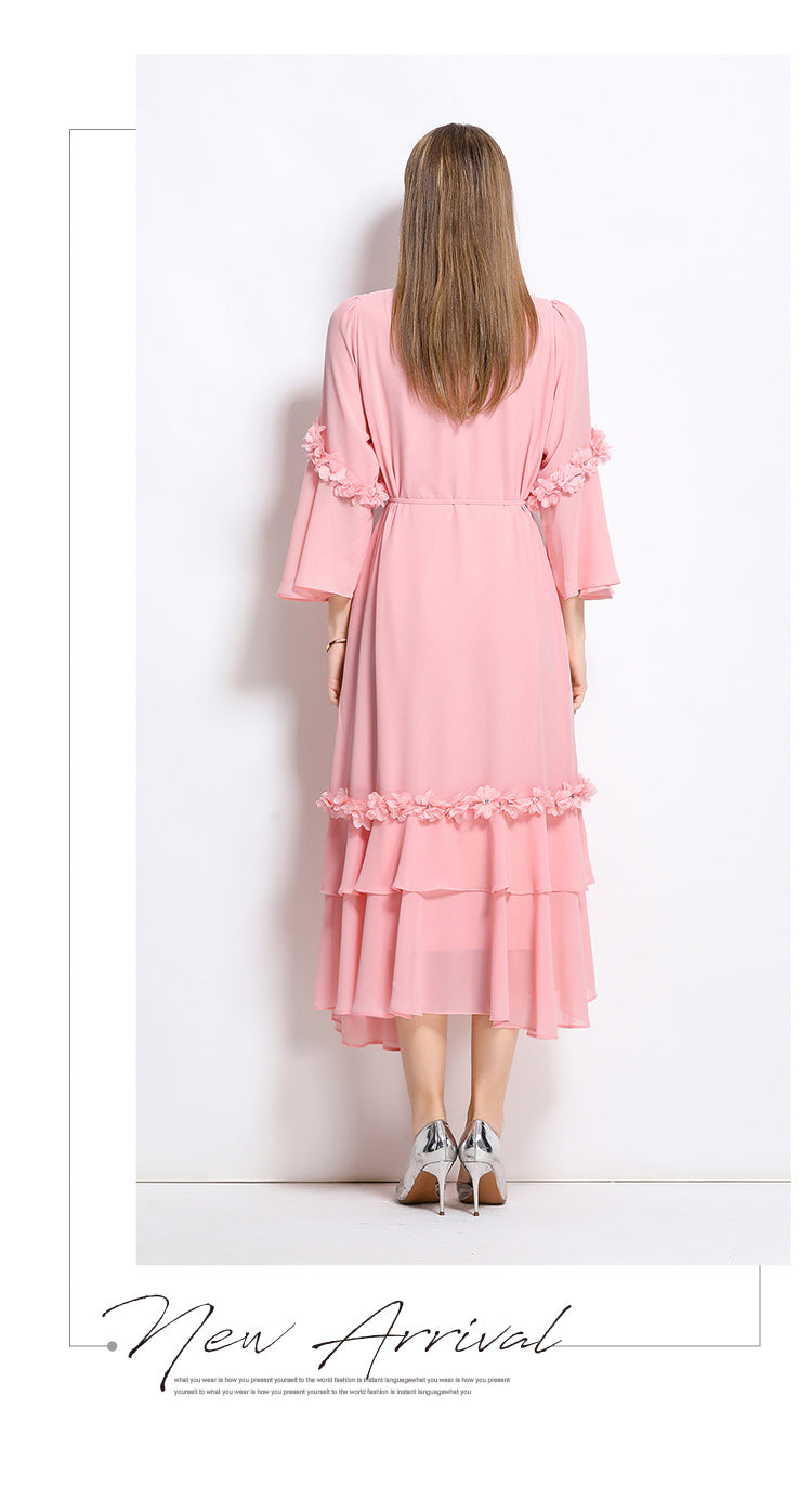 3D Floral Irregular Round Neck Loose Chiffon Long Dress