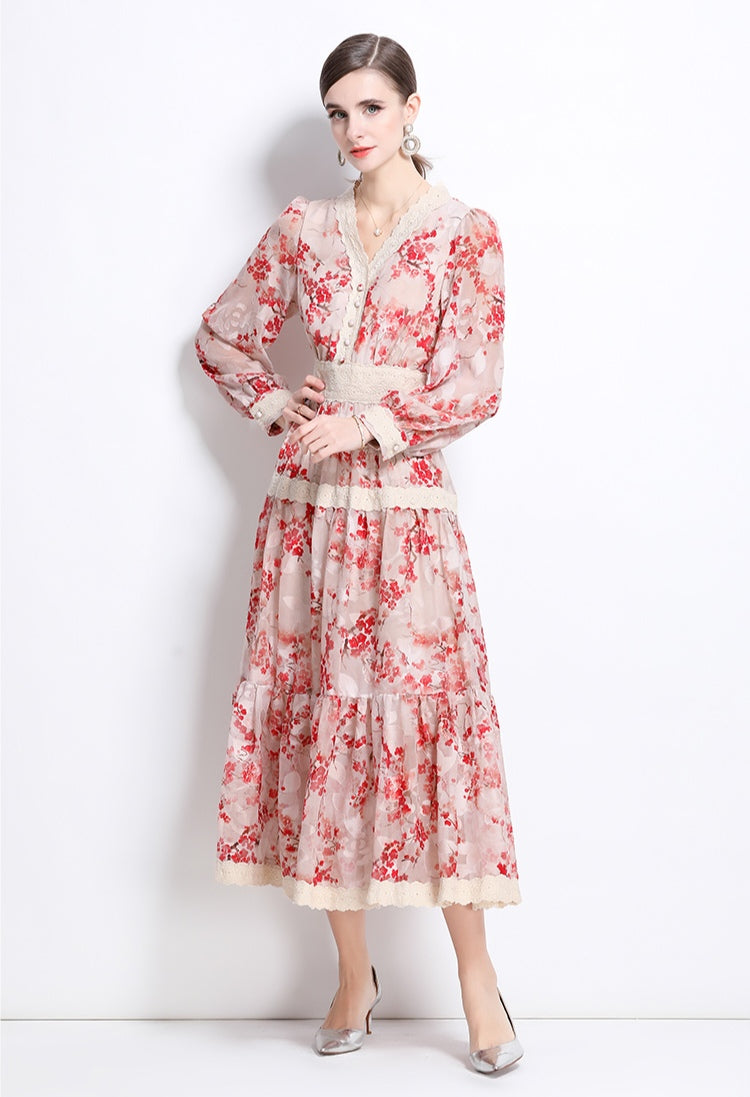 Retro V-neck Lace-trimmed Long-sleeved Floral Printed Dress