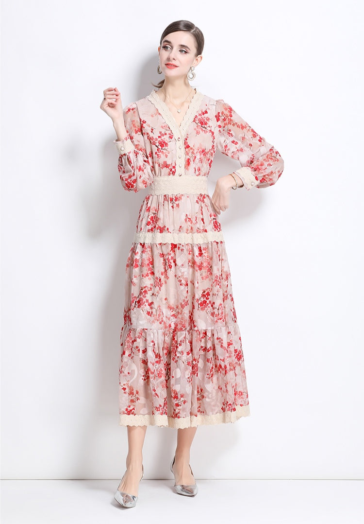 Retro V-neck Lace-trimmed Long-sleeved Floral Printed Dress