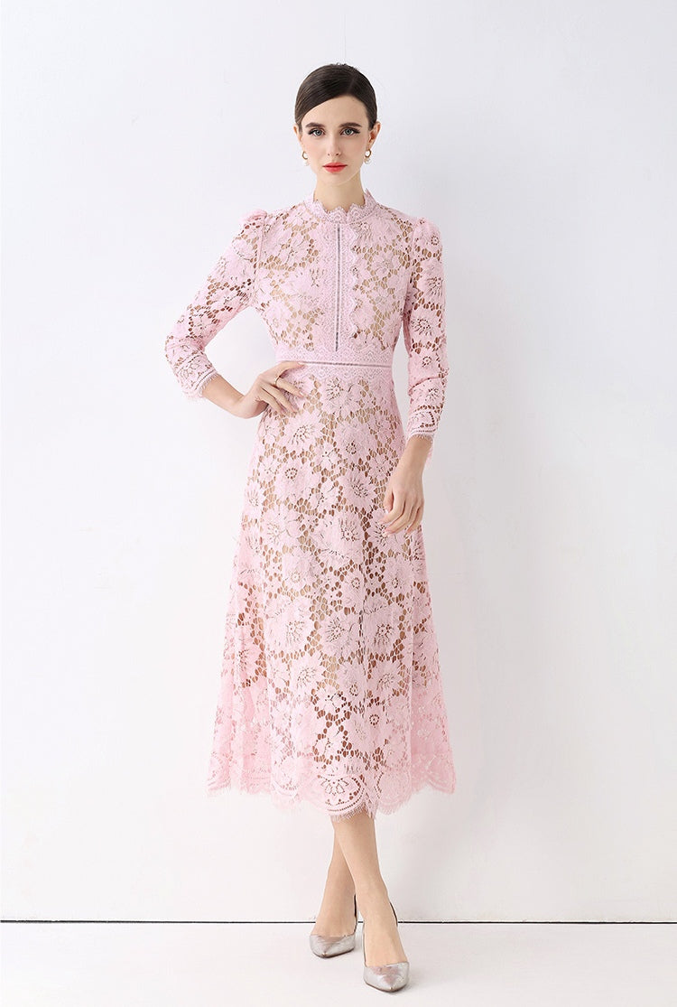 Pink Elegant Round Neck Hollowed-out Lace Dress