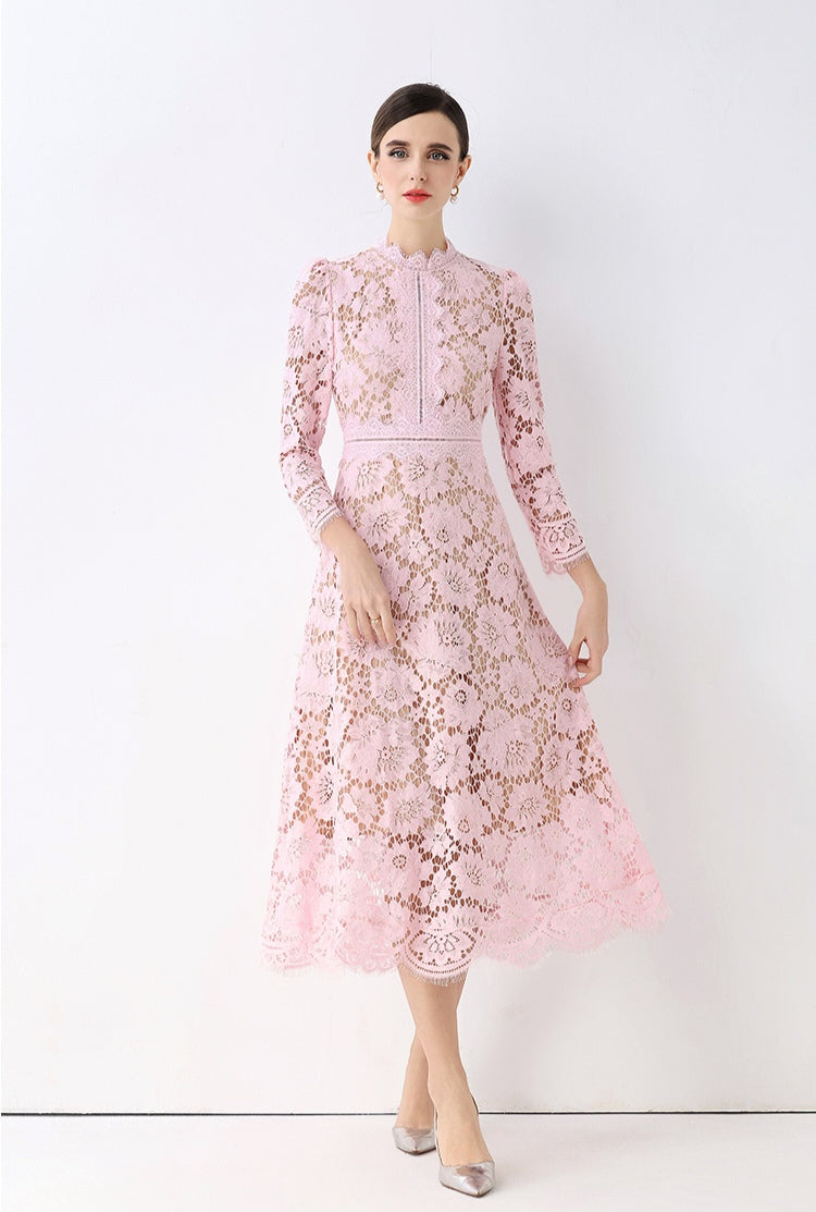 Pink Elegant Round Neck Hollowed-out Lace Dress