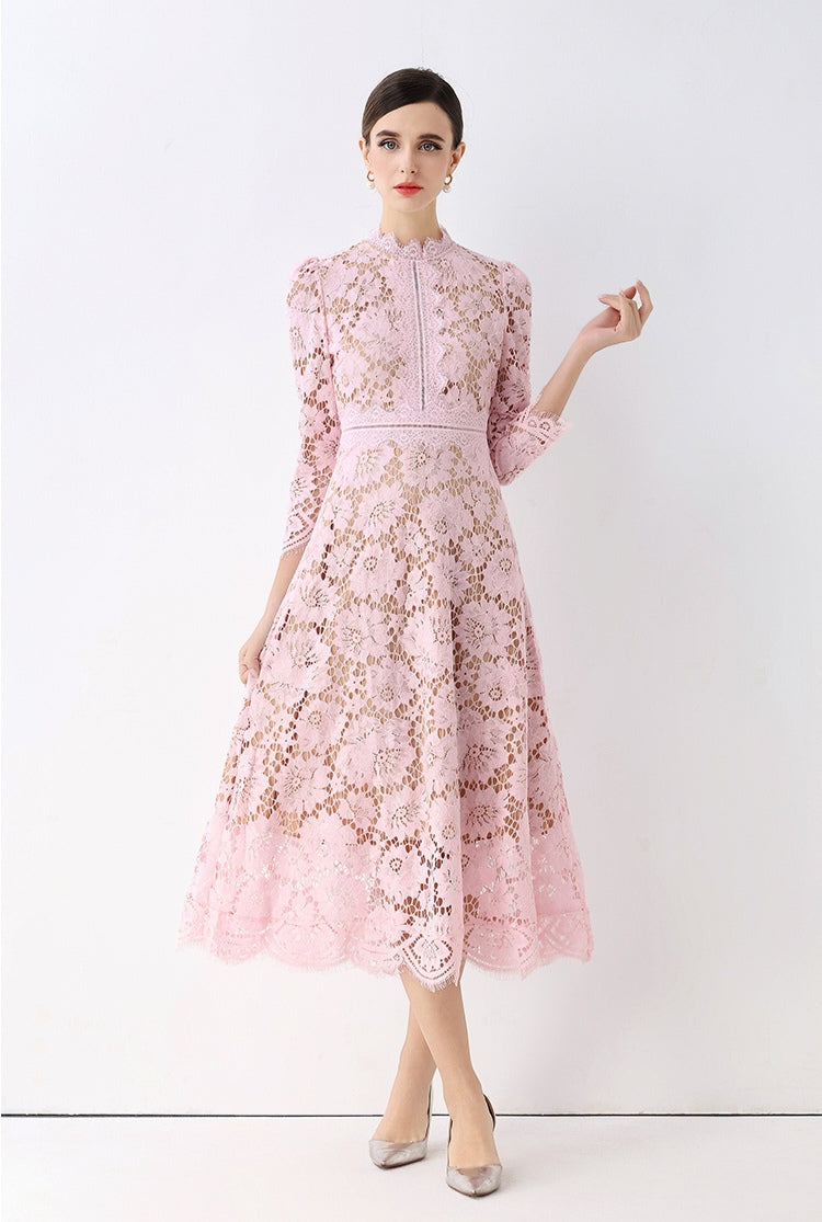 Pink Elegant Round Neck Hollowed-out Lace Dress