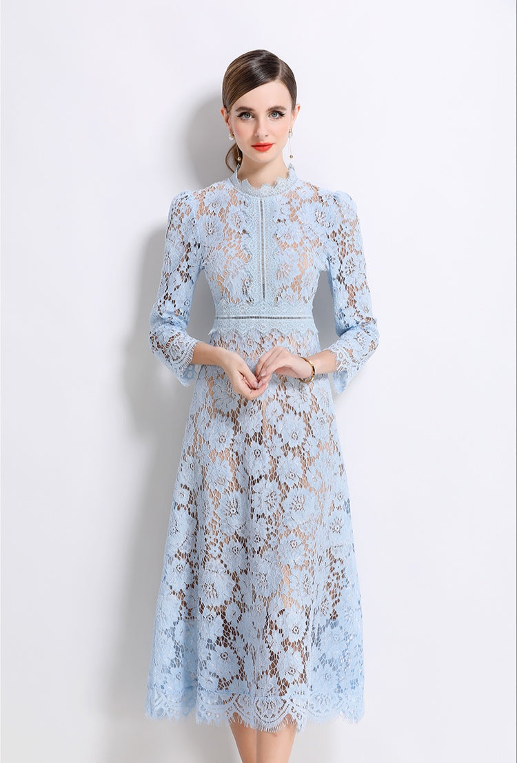 Light Blue Elegant Round Neck Hollowed-out Lace Dress