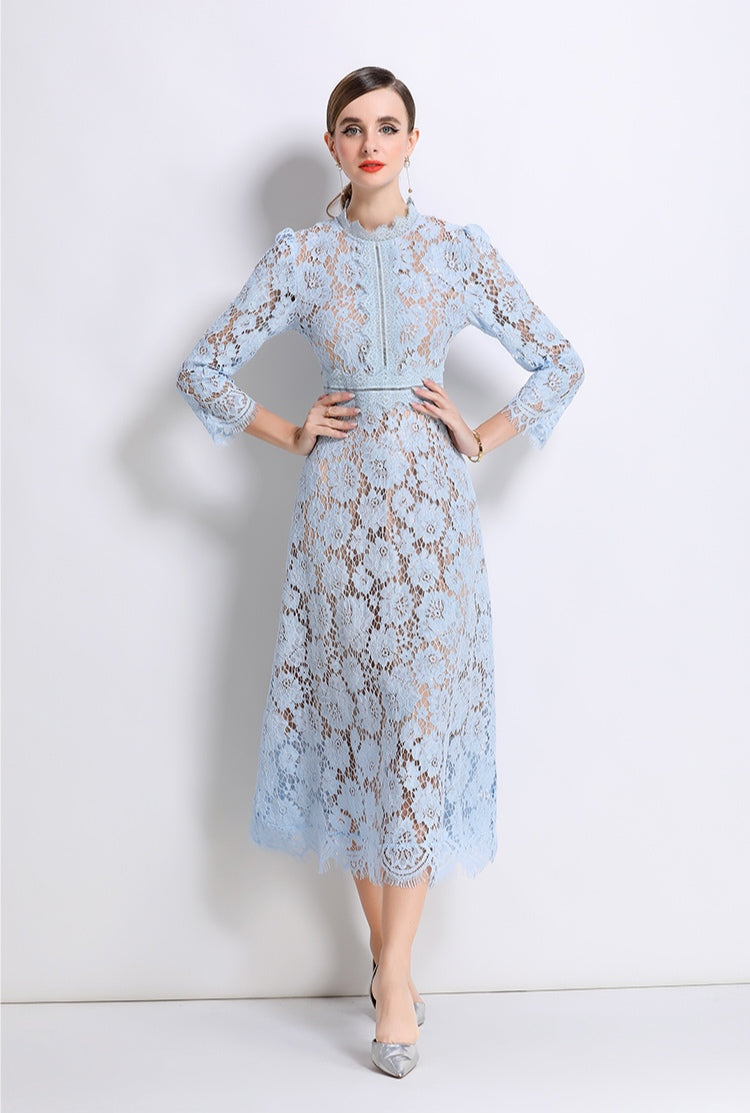 Light Blue Elegant Round Neck Hollowed-out Lace Dress