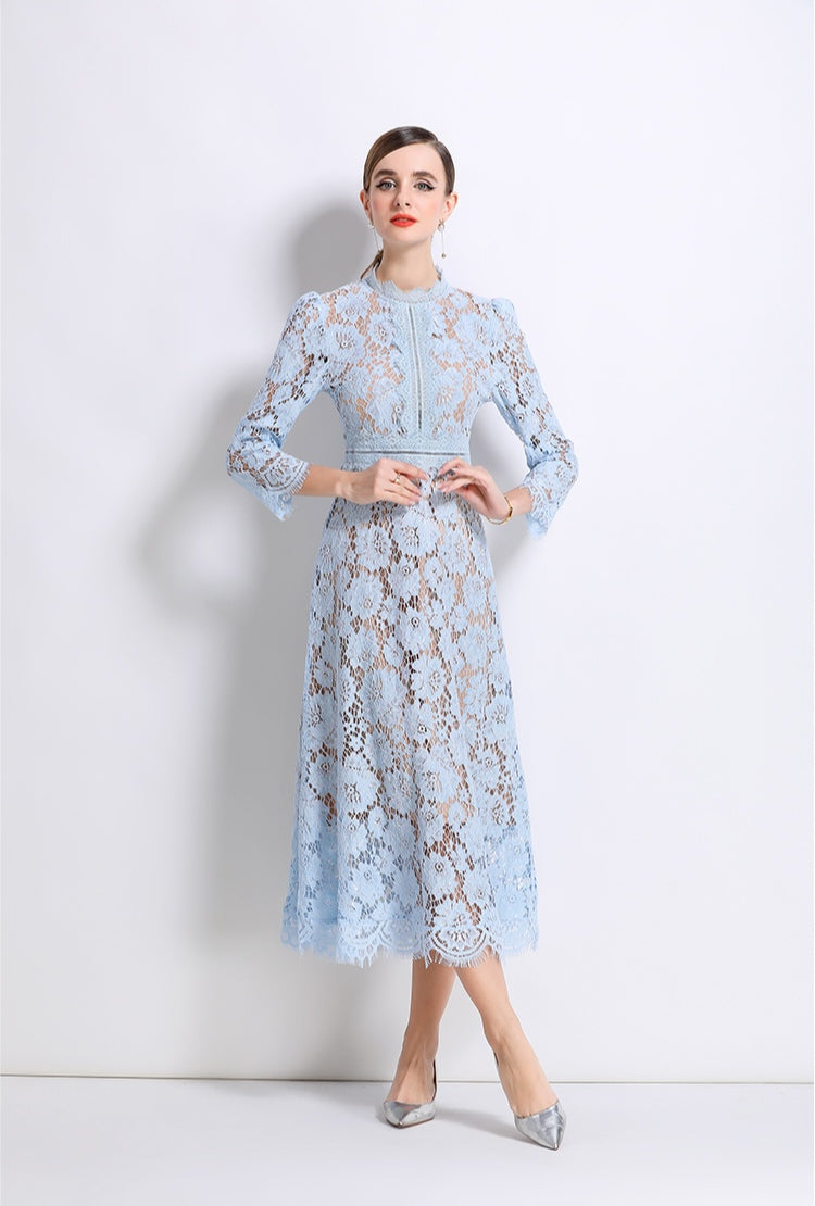 Light Blue Elegant Round Neck Hollowed-out Lace Dress