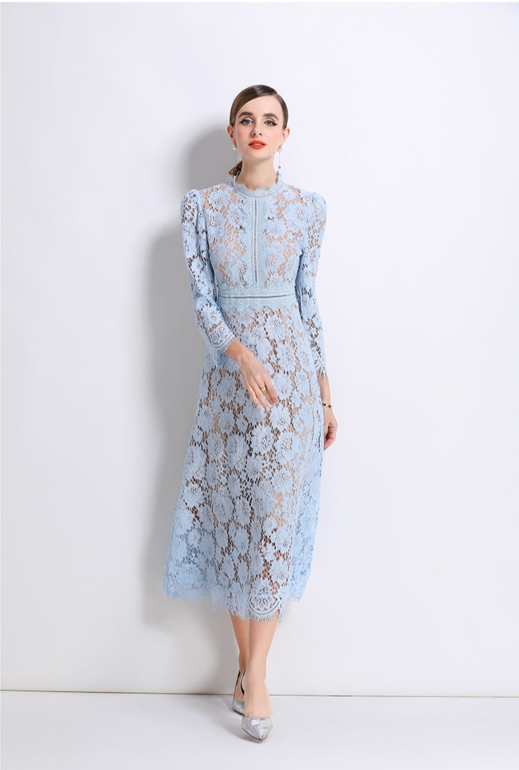 Light Blue Elegant Round Neck Hollowed-out Lace Dress