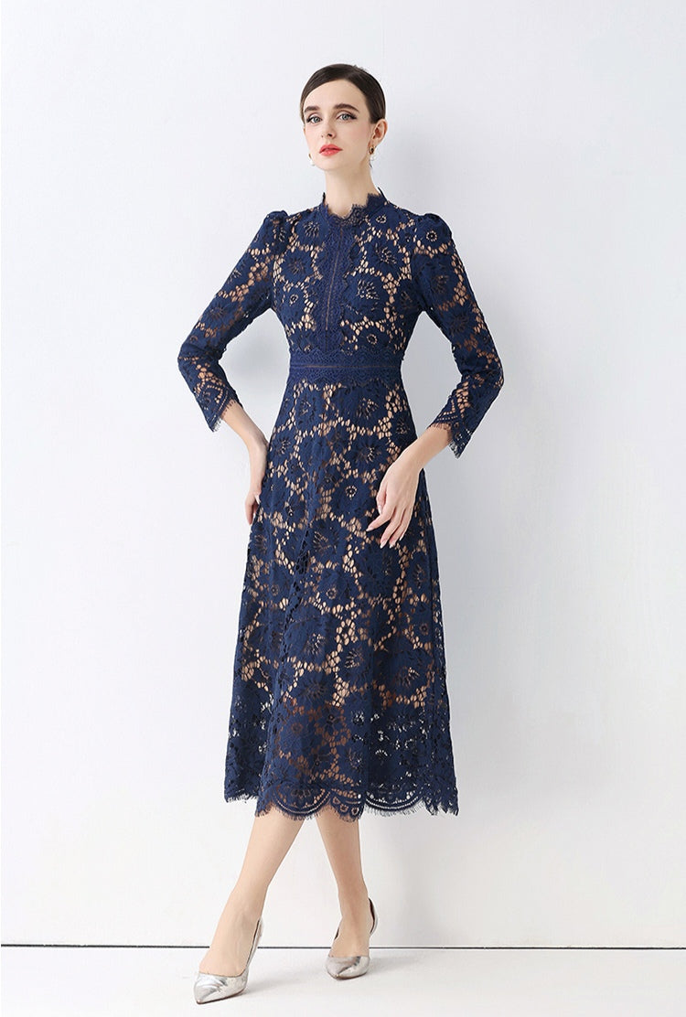 Royal Blue Elegant Round Neck Hollowed-out Lace Dress