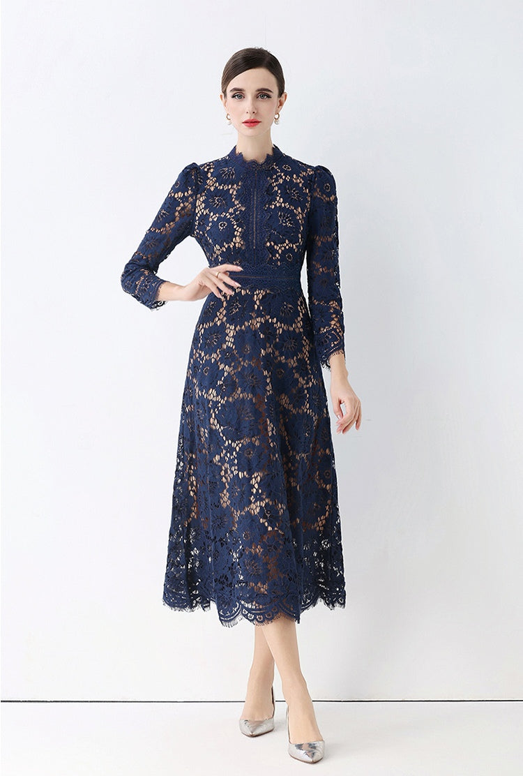 Royal Blue Elegant Round Neck Hollowed-out Lace Dress