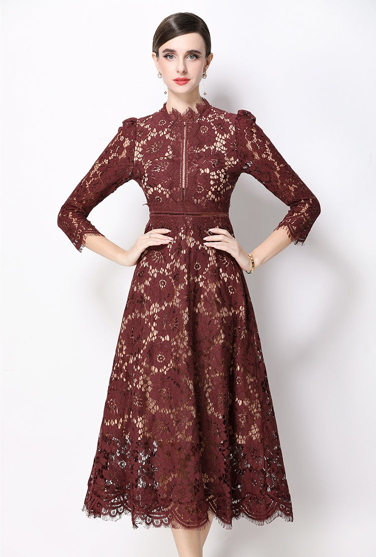 Maroon Elegant Round Neck Hollowed-out Lace Dress