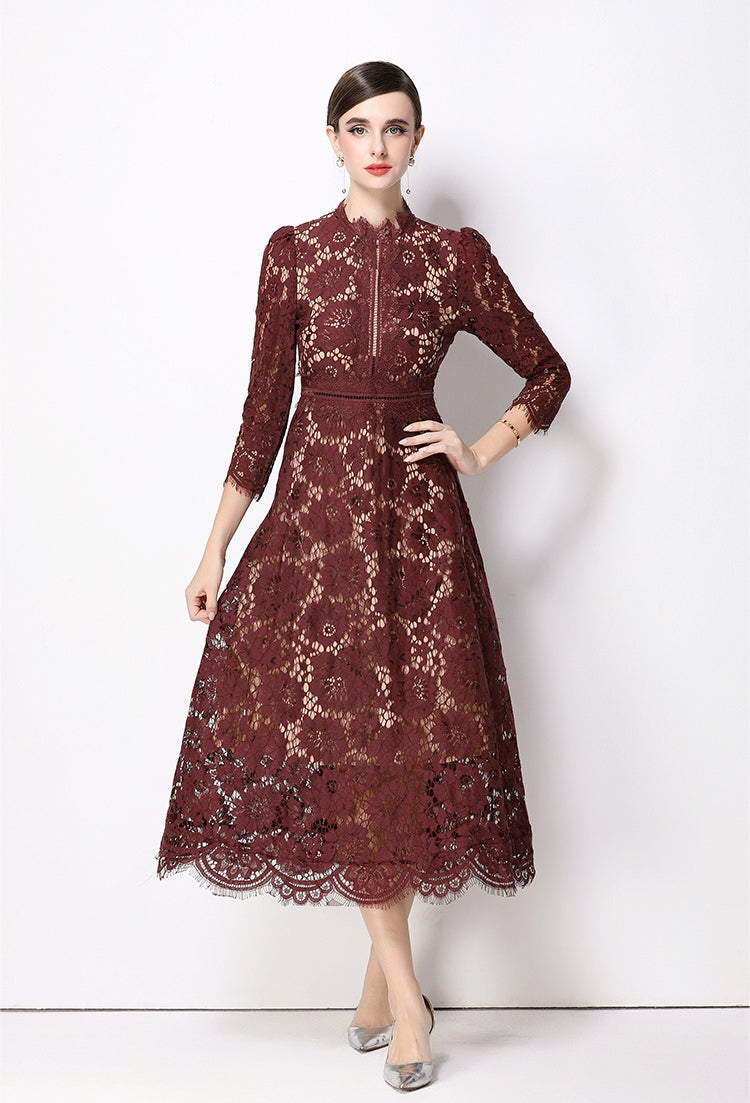 Maroon Elegant Round Neck Hollowed-out Lace Dress
