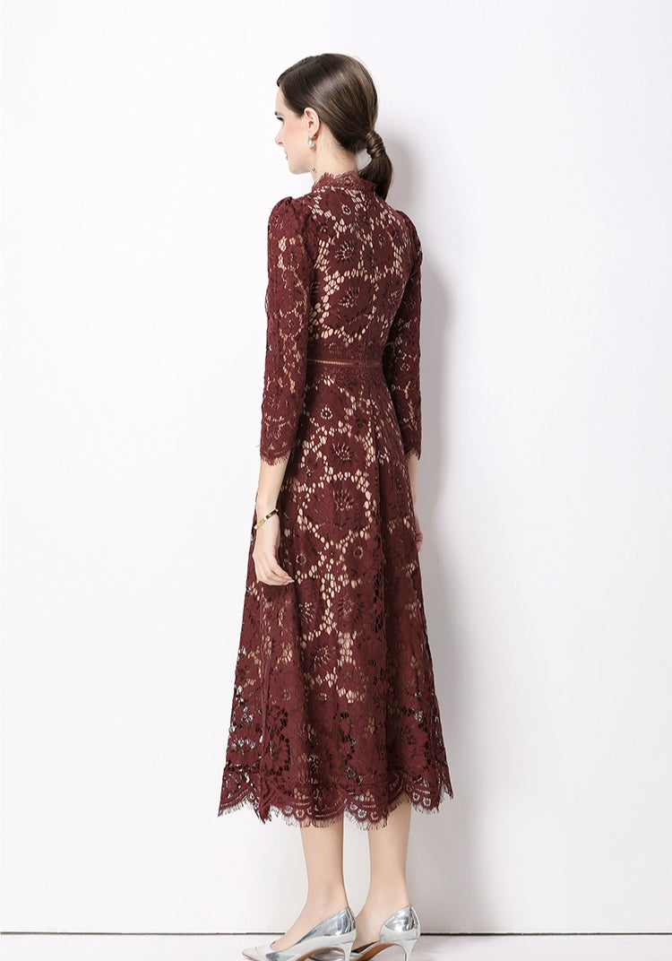 Maroon Elegant Round Neck Hollowed-out Lace Dress