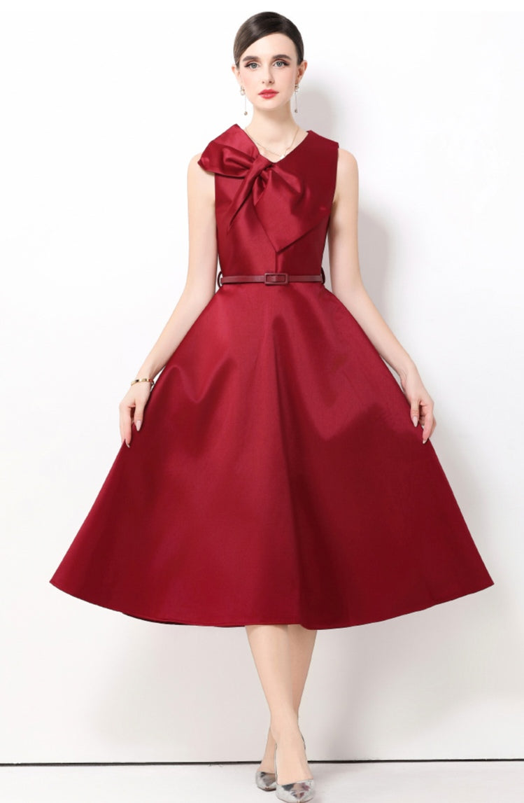 Claret Red Bow Sleeveless A-line Dress