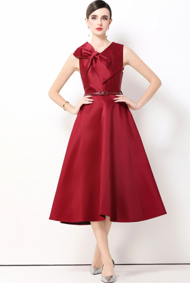 Claret Red Bow Sleeveless A-line Dress