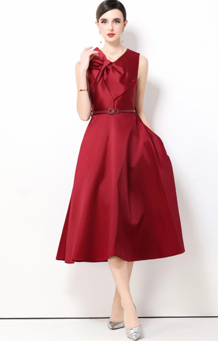 Claret Red Bow Sleeveless A-line Dress