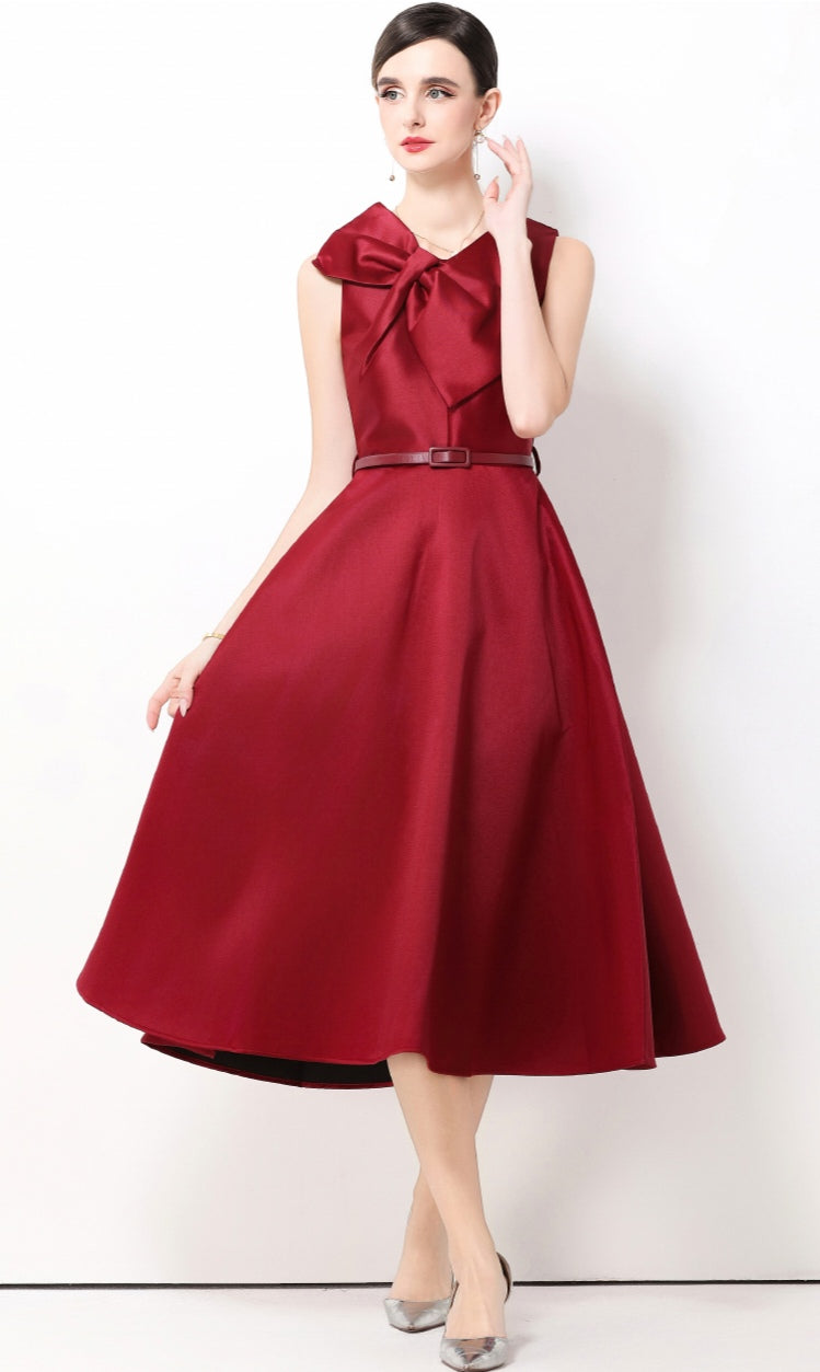 Claret Red Bow Sleeveless A-line Dress