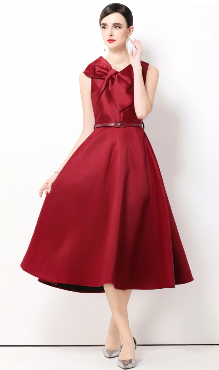 Claret Red Bow Sleeveless A-line Dress
