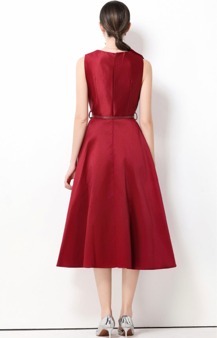 Claret Red Bow Sleeveless A-line Dress