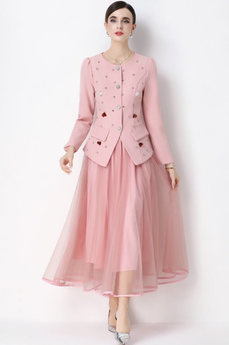 Pink Round Neck Suit Jacket with Rhinestone embellishments and Mesh Skirt Set