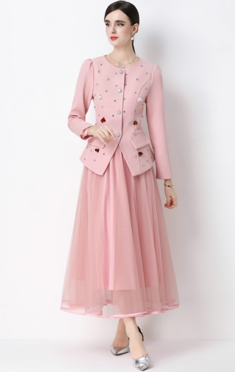 Pink Round Neck Suit Jacket with Rhinestone embellishments and Mesh Skirt Set