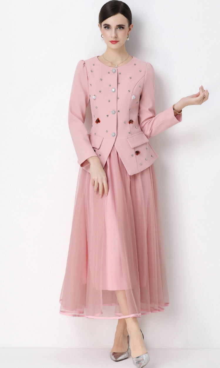Pink Round Neck Suit Jacket with Rhinestone embellishments and Mesh Skirt Set