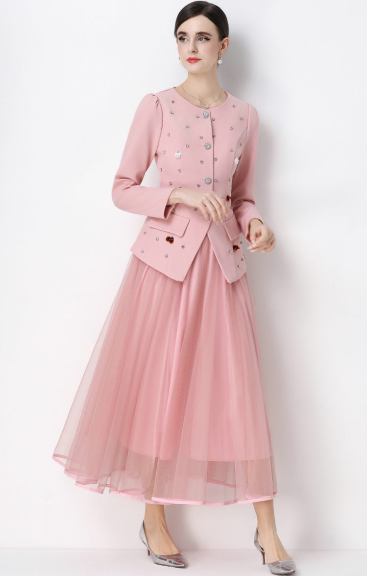 Pink Round Neck Suit Jacket with Rhinestone embellishments and Mesh Skirt Set