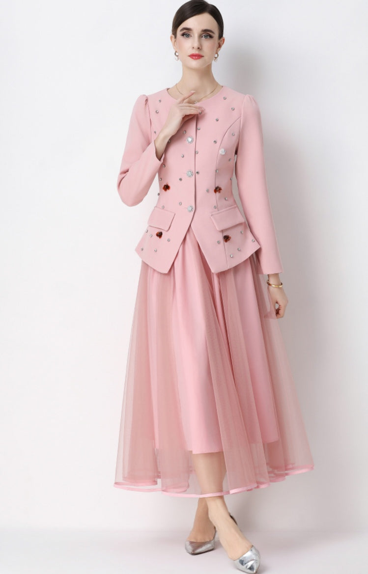 Pink Round Neck Suit Jacket with Rhinestone embellishments and Mesh Skirt Set