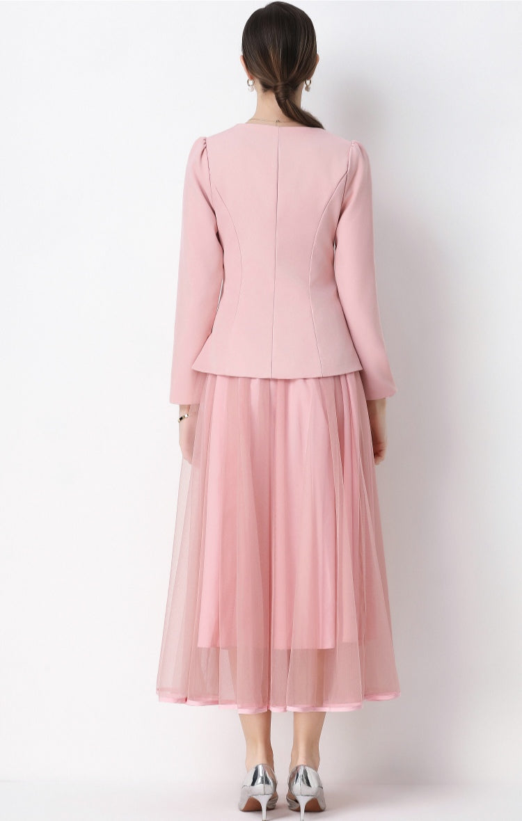 Pink Round Neck Suit Jacket with Rhinestone embellishments and Mesh Skirt Set