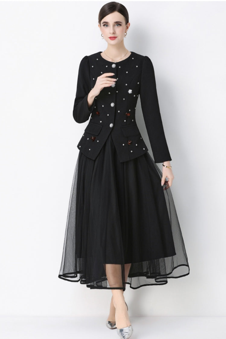 Black Round Neck Suit Jacket with Rhinestone embellishments and Mesh Skirt Set