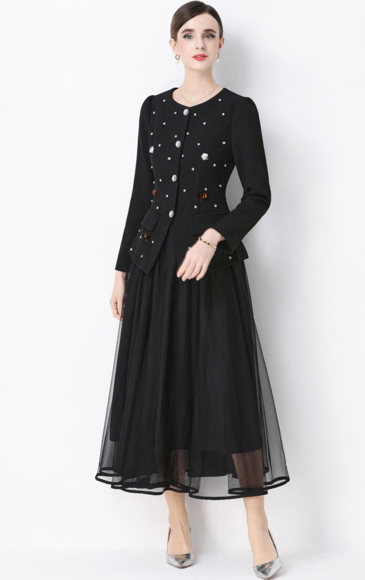 Black Round Neck Suit Jacket with Rhinestone embellishments and Mesh Skirt Set