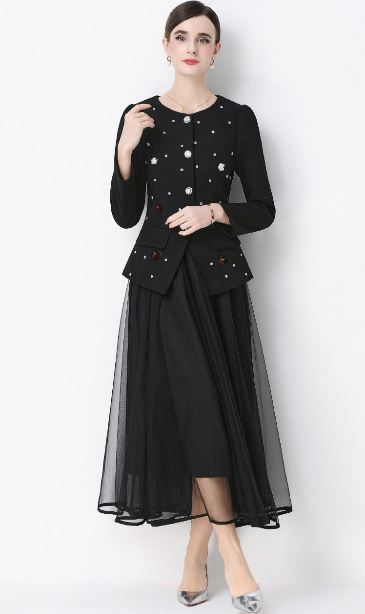 Black Round Neck Suit Jacket with Rhinestone embellishments and Mesh Skirt Set