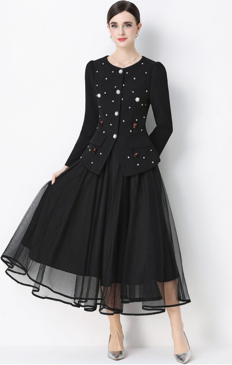 Black Round Neck Suit Jacket with Rhinestone embellishments and Mesh Skirt Set