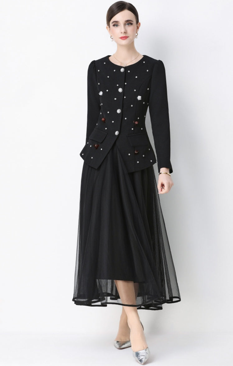 Black Round Neck Suit Jacket with Rhinestone embellishments and Mesh Skirt Set