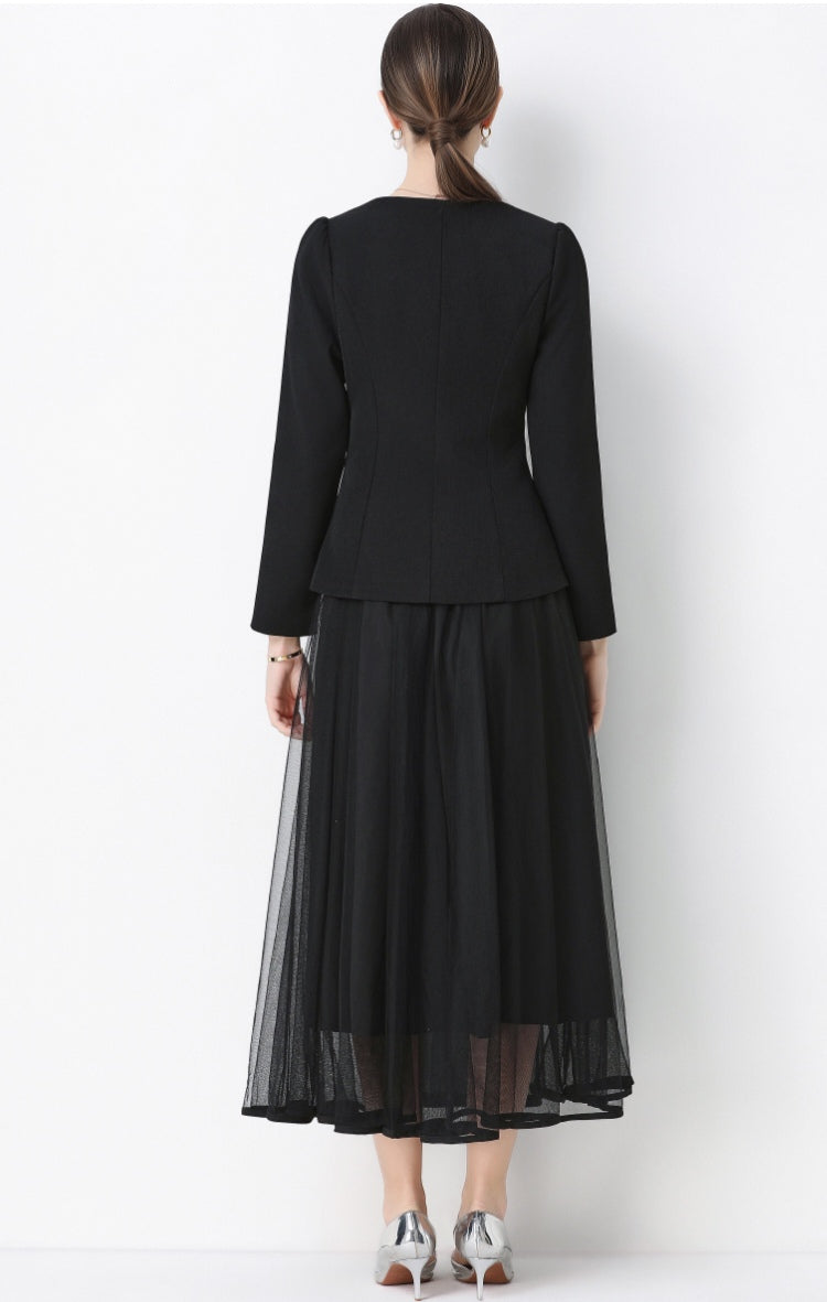 Black Round Neck Suit Jacket with Rhinestone embellishments and Mesh Skirt Set