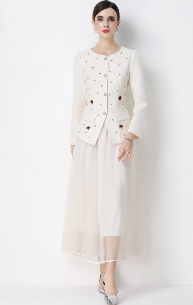 Round Neck Suit Jacket with Rhinestone embellishments and Mesh Skirt Set