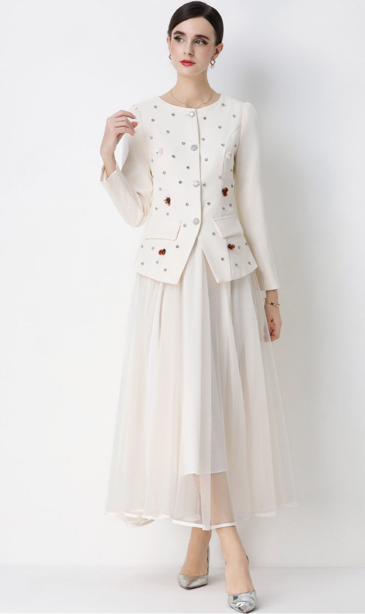 Round Neck Suit Jacket with Rhinestone embellishments and Mesh Skirt Set