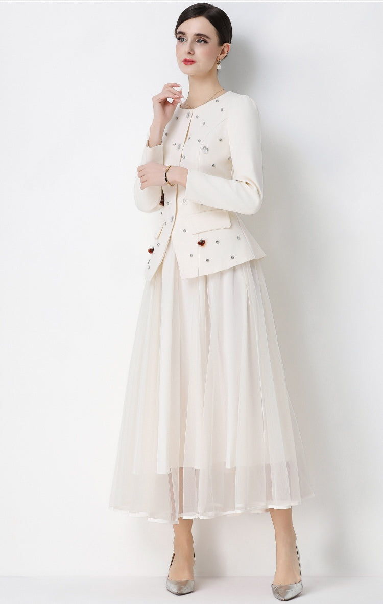 Round Neck Suit Jacket with Rhinestone embellishments and Mesh Skirt Set