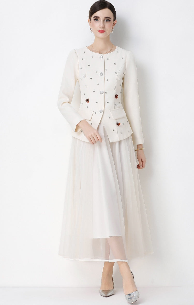 Round Neck Suit Jacket with Rhinestone embellishments and Mesh Skirt Set