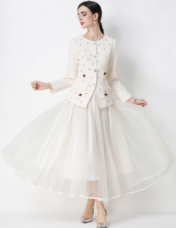 Round Neck Suit Jacket with Rhinestone embellishments and Mesh Skirt Set
