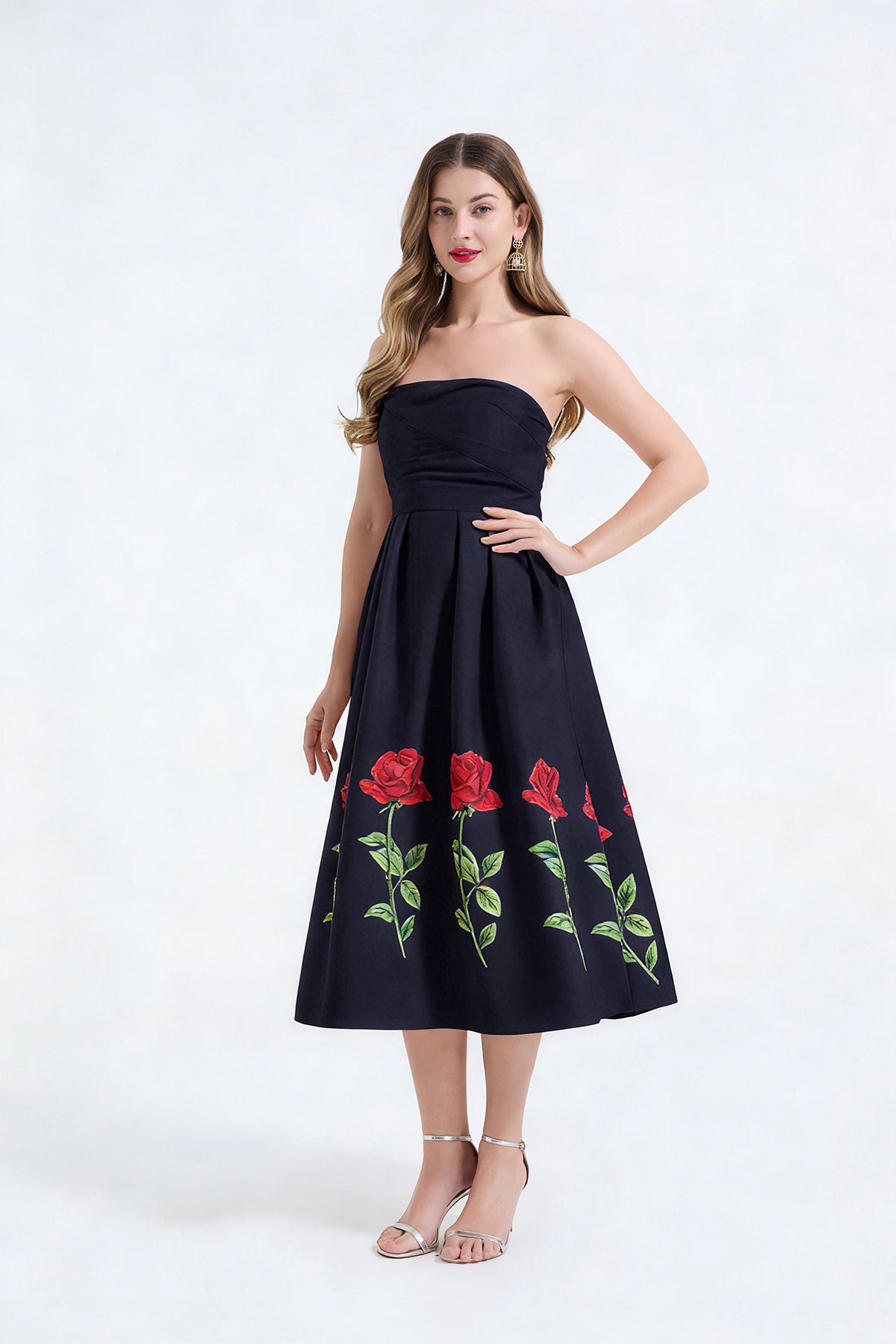Rose Print Strapless Dress Three-Dimensional Pleated Slim Fit High Waist Dress