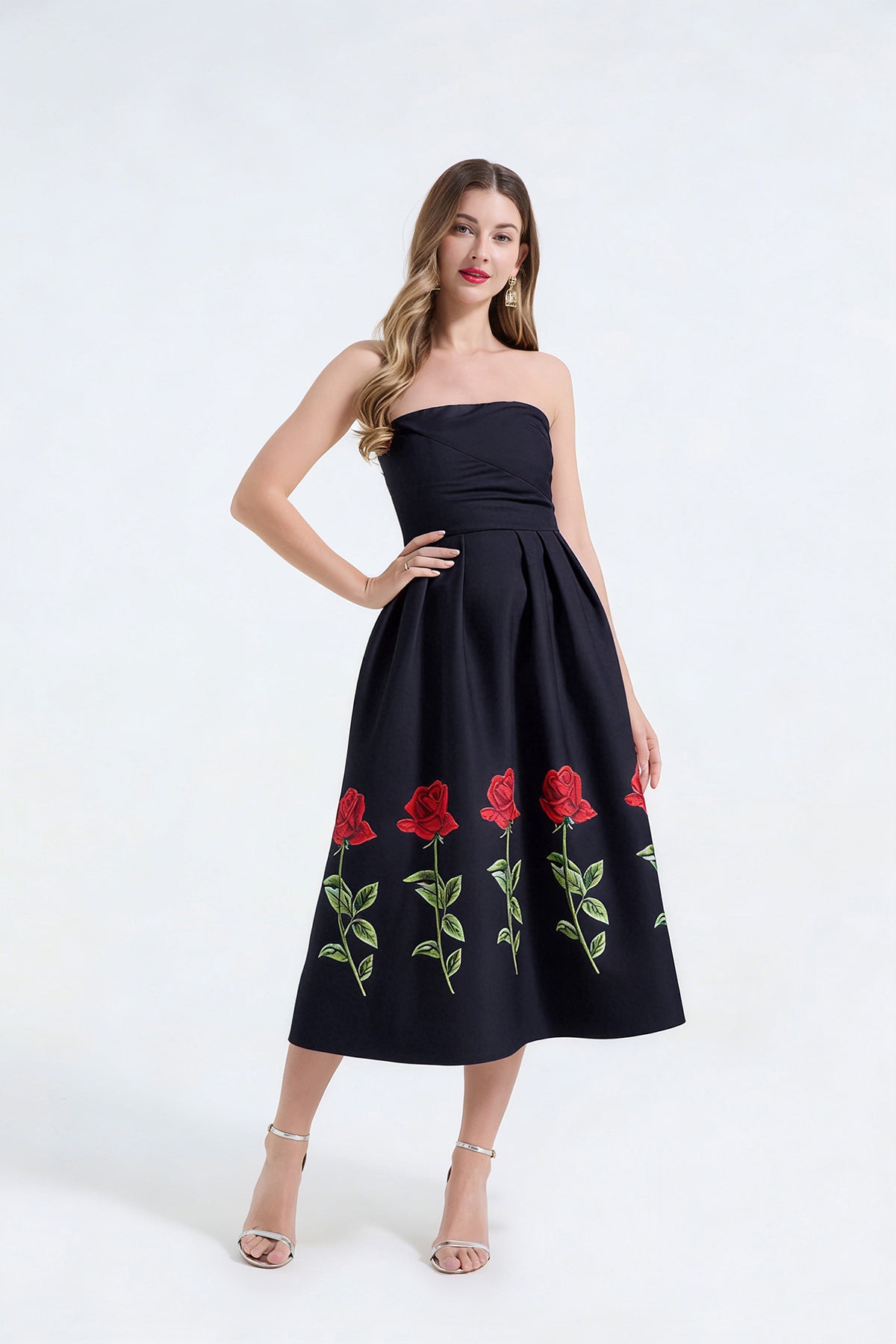 Rose Print Strapless Dress Three-Dimensional Pleated Slim Fit High Waist Dress