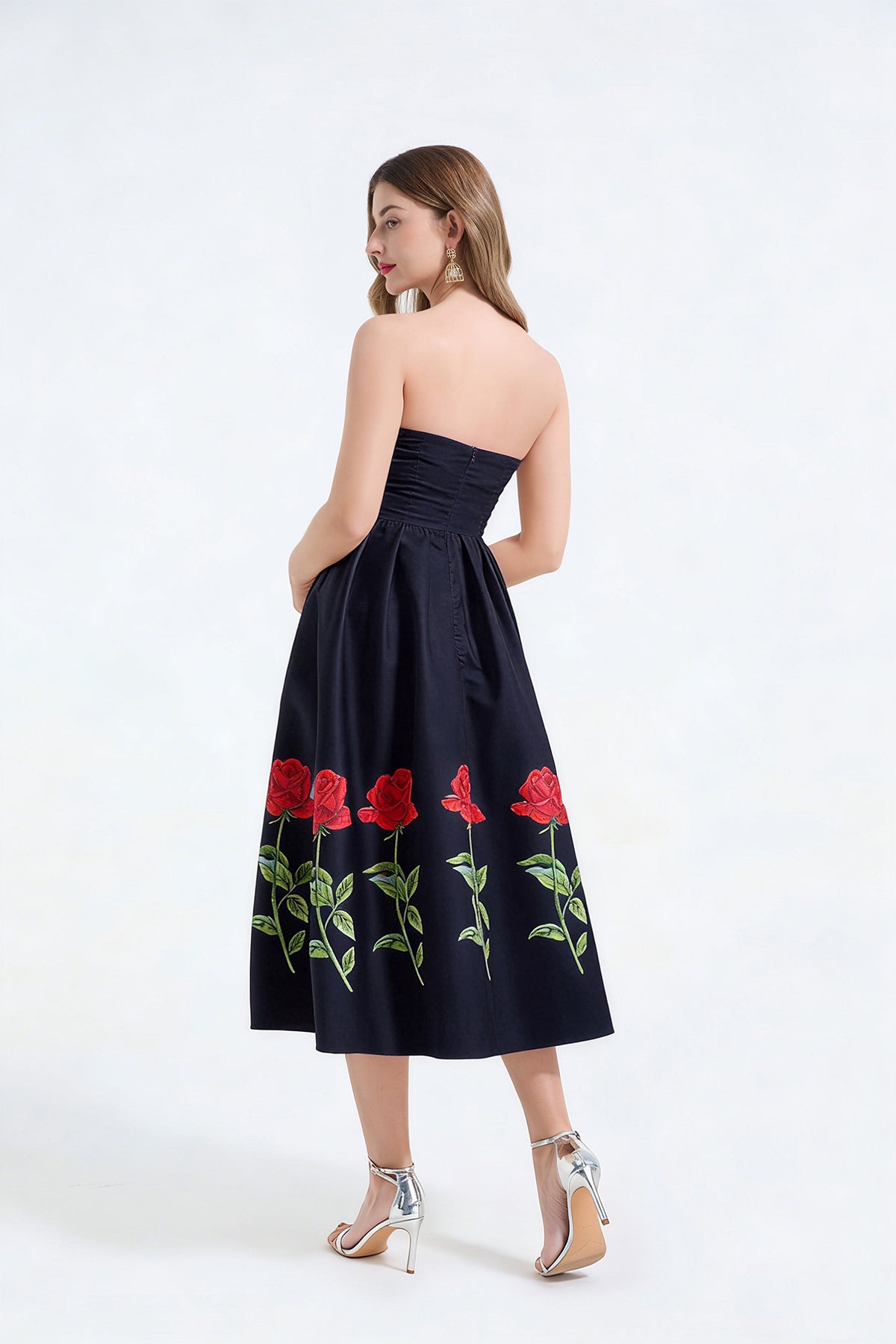 Rose Print Strapless Dress Three-Dimensional Pleated Slim Fit High Waist Dress