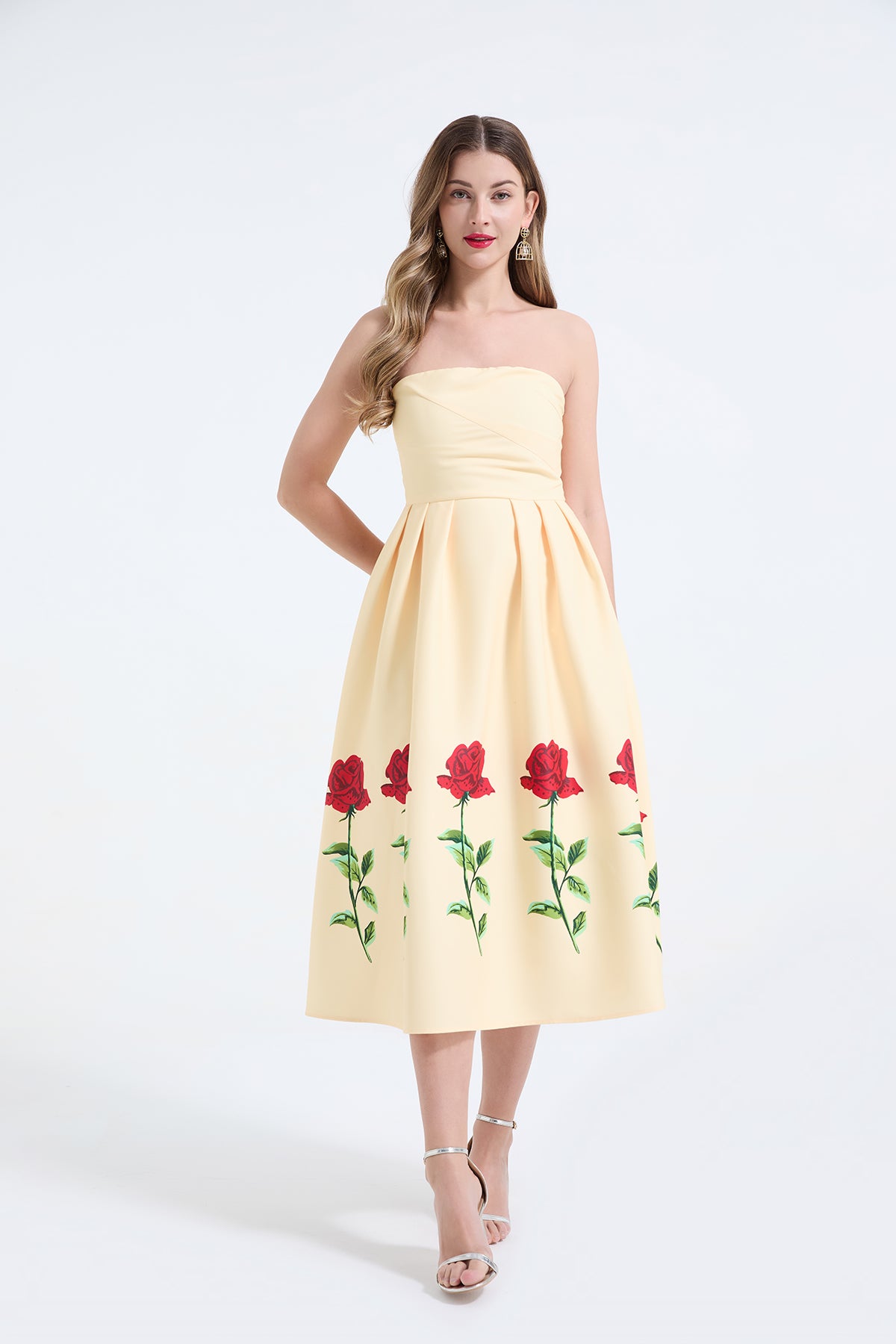 Rose Print Strapless Dress Three-Dimensional Pleated Slim Fit High Waist Dress