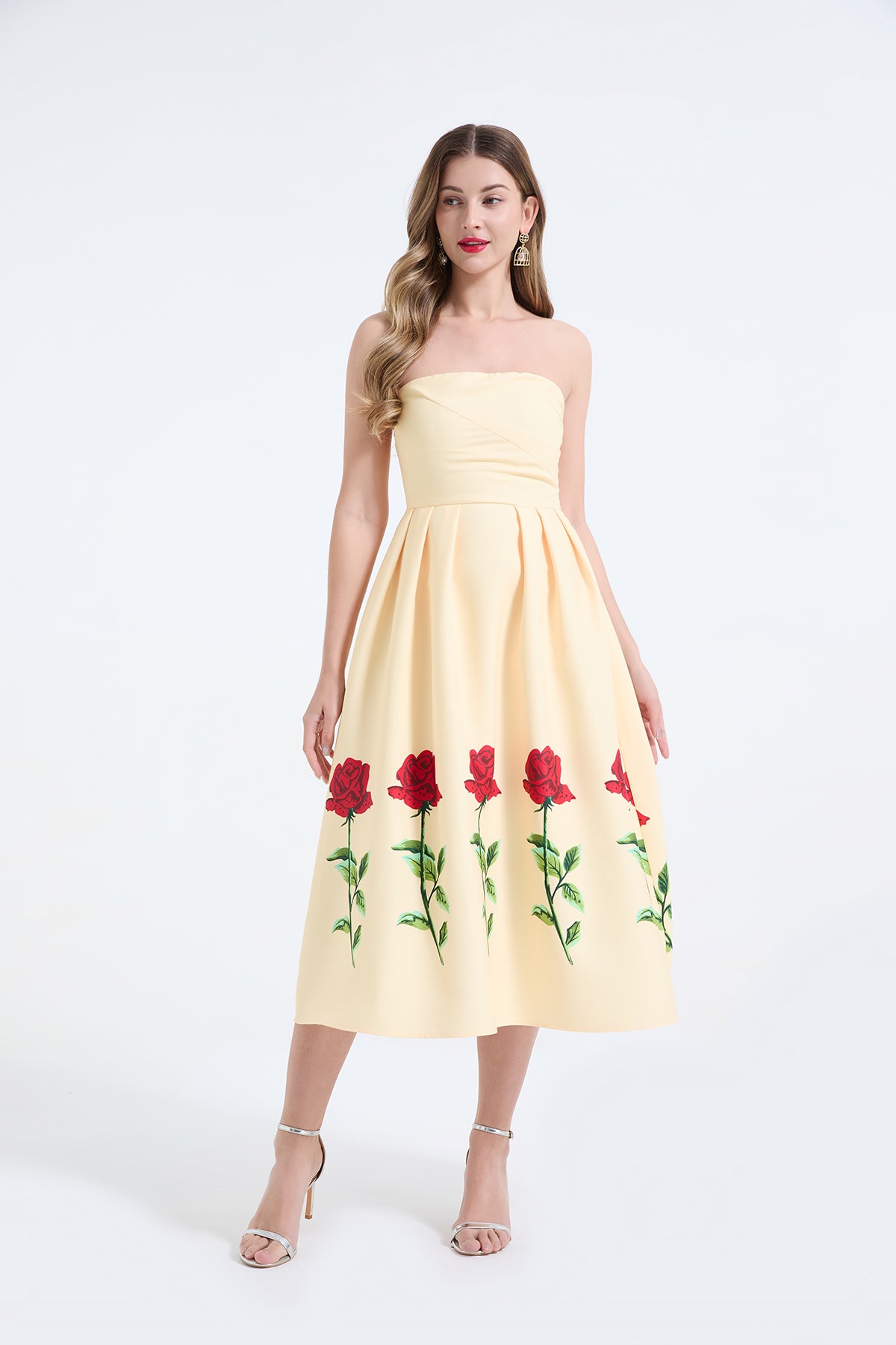 Rose Print Strapless Dress Three-Dimensional Pleated Slim Fit High Waist Dress