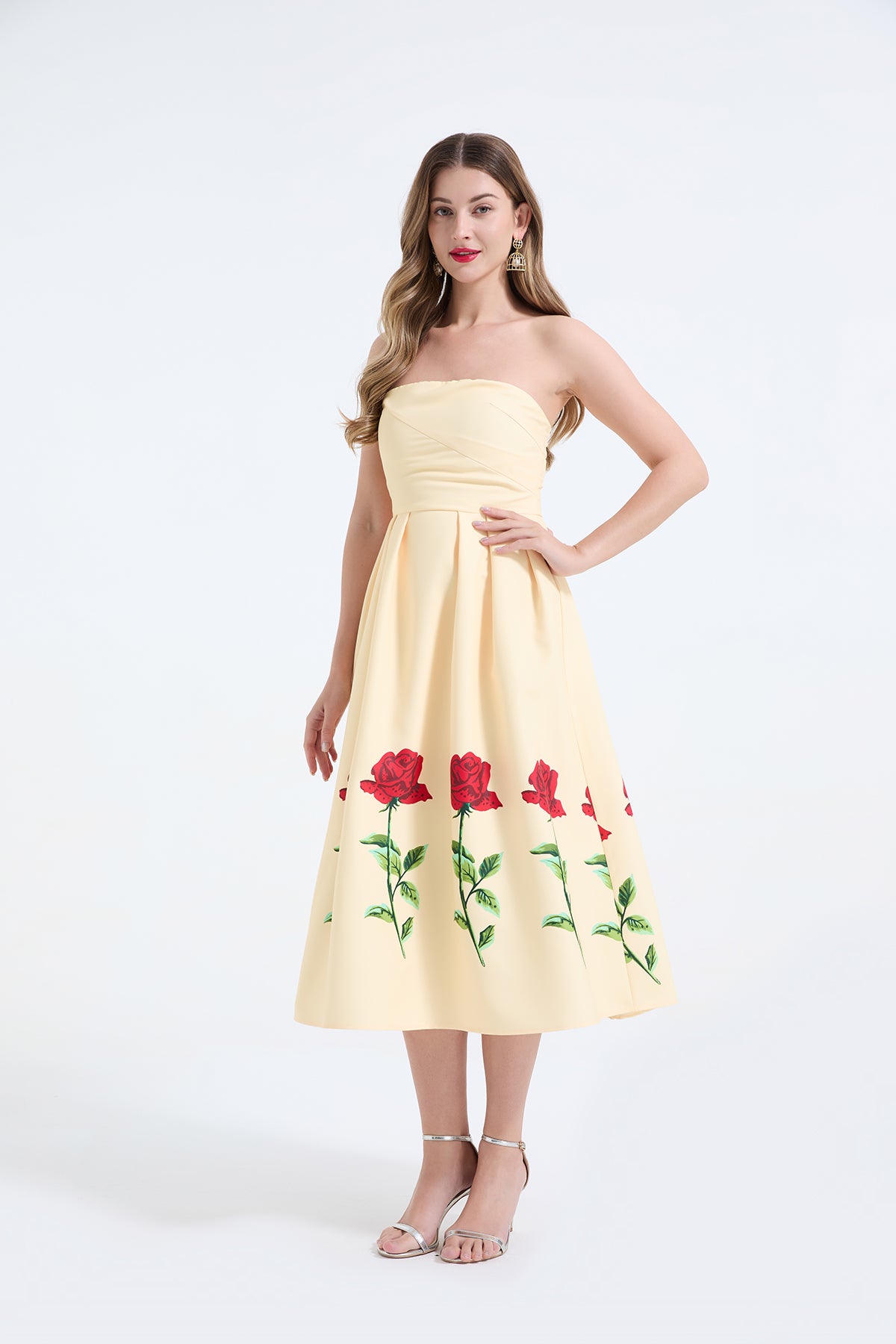 Rose Print Strapless Dress Three-Dimensional Pleated Slim Fit High Waist Dress