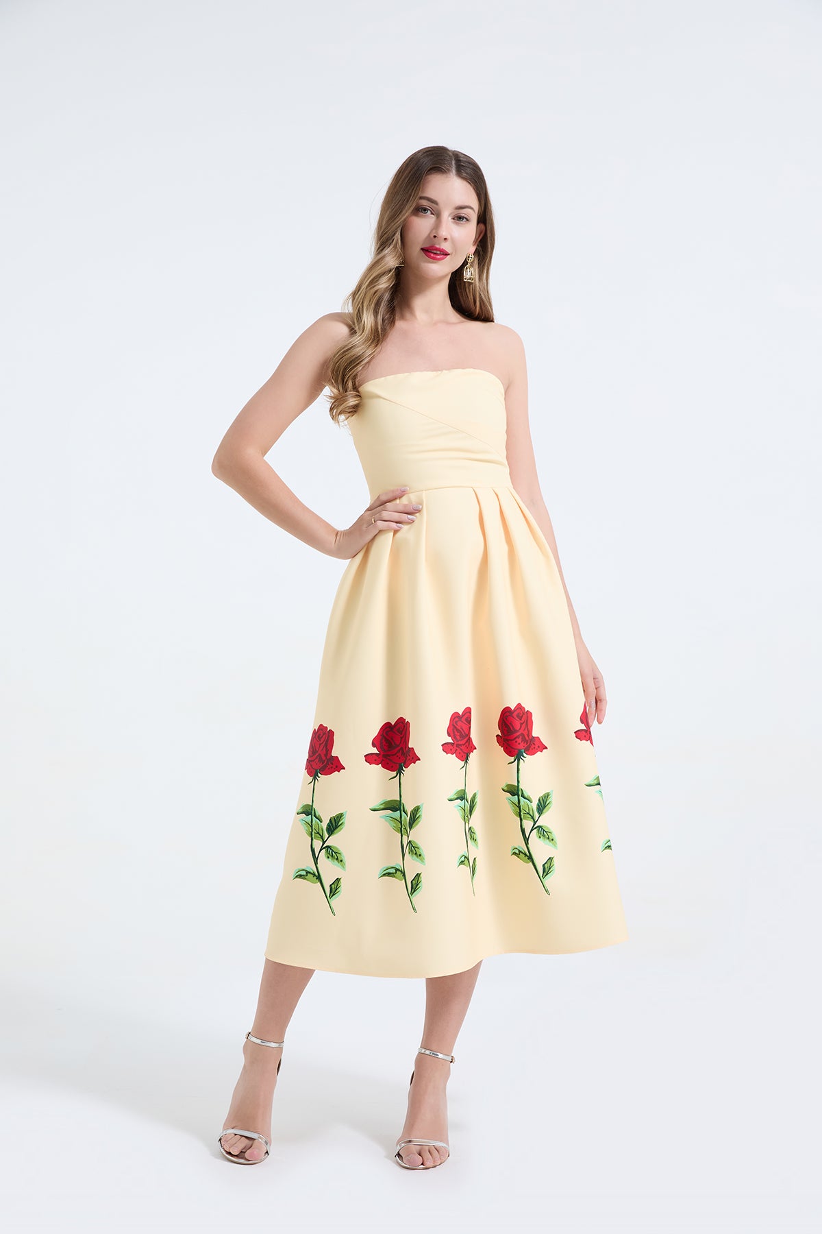 Rose Print Strapless Dress Three-Dimensional Pleated Slim Fit High Waist Dress