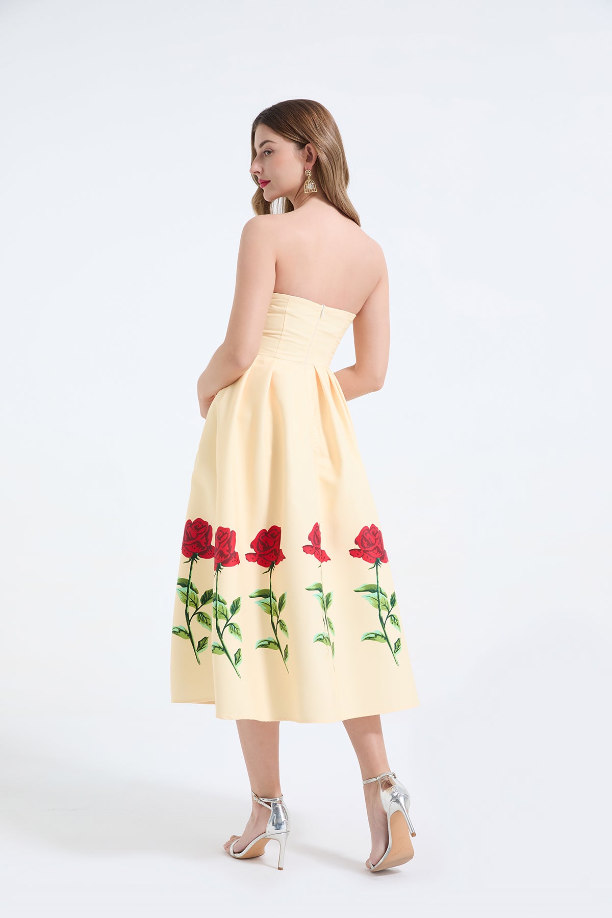 Rose Print Strapless Dress Three-Dimensional Pleated Slim Fit High Waist Dress