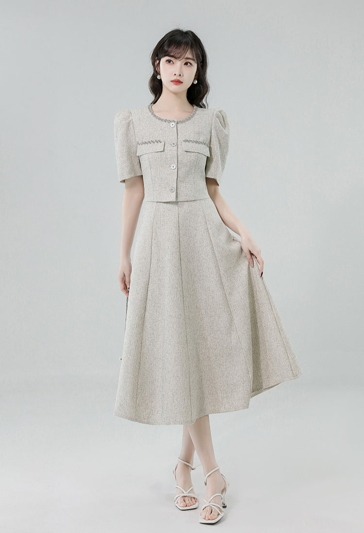 Puff-sleeve Top + High Waisted Skirt Set
