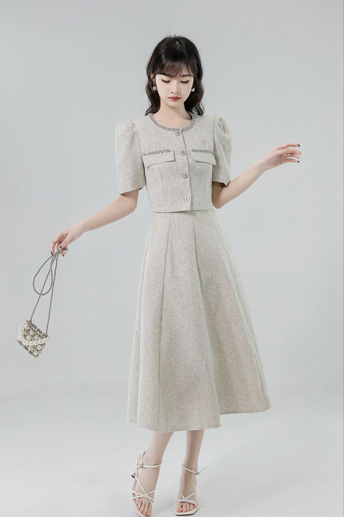Puff-sleeve Top + High Waisted Skirt Set