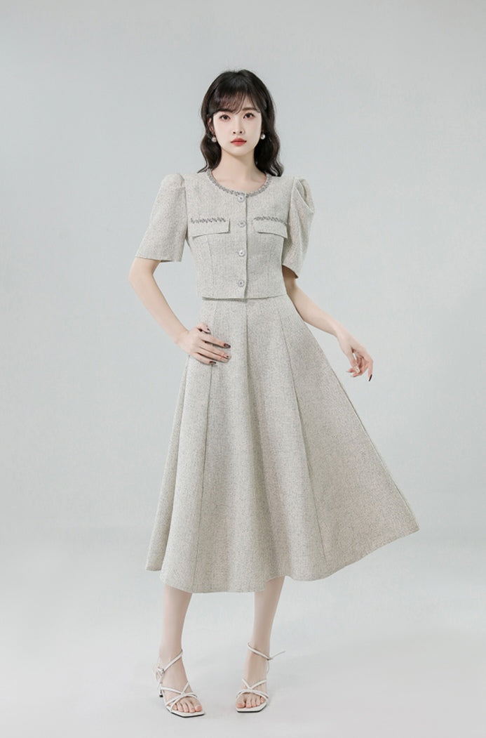 Puff-sleeve Top + High Waisted Skirt Set