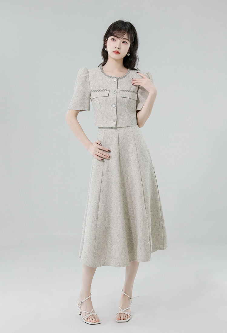 Puff-sleeve Top + High Waisted Skirt Set